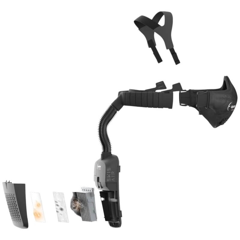 Pack cagoule Optrel sphereX CLT avec système respiratoire Swiss Air vue filtres